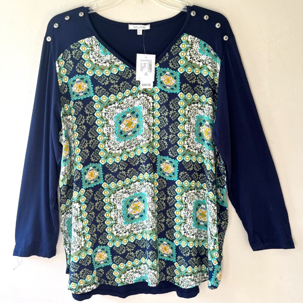 Ava‎ James Sz S V Neck Floral Print Blue Pullover Stretch Blouse Top